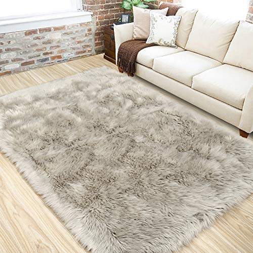 LOCHAS Soft Fluffy Faux Fur Rugs for Bedroom Bedside Rug 3x5 Feet, Washable, Furry Sheepskin Area Rug for Living Room Girls Room, Luxury Shag Carpet Home Decor, Beige - Image 1