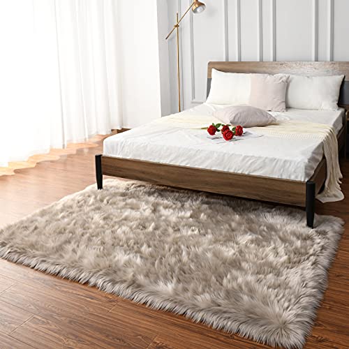 LOCHAS Soft Fluffy Faux Fur Rugs for Bedroom Bedside Rug 3x5 Feet, Washable, Furry Sheepskin Area Rug for Living Room Girls Room, Luxury Shag Carpet Home Decor, Beige - Image 4