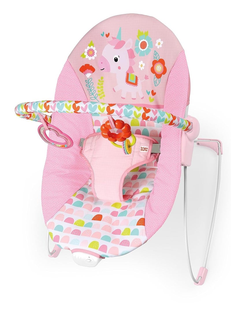 Bright Starts - Bright Starts Baby Bouncer Soothing Vibrations Infant Seat - Removable -Toy Bar, Nonslip Feet, 0-6 Months Up to 20 lbs (Fancy Fantasy, Pink Unicorn) - Image 1