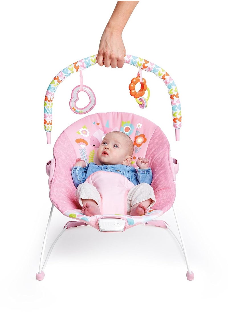 Bright Starts - Bright Starts Baby Bouncer Soothing Vibrations Infant Seat - Removable -Toy Bar, Nonslip Feet, 0-6 Months Up to 20 lbs (Fancy Fantasy, Pink Unicorn) - Image 1