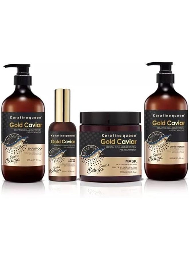 Keratine Queen Gold Caviar Hair Care Set, Shampoo, Conditioner, Mask and Serum with Keratin Collagen, 4 Pieces - Image 1