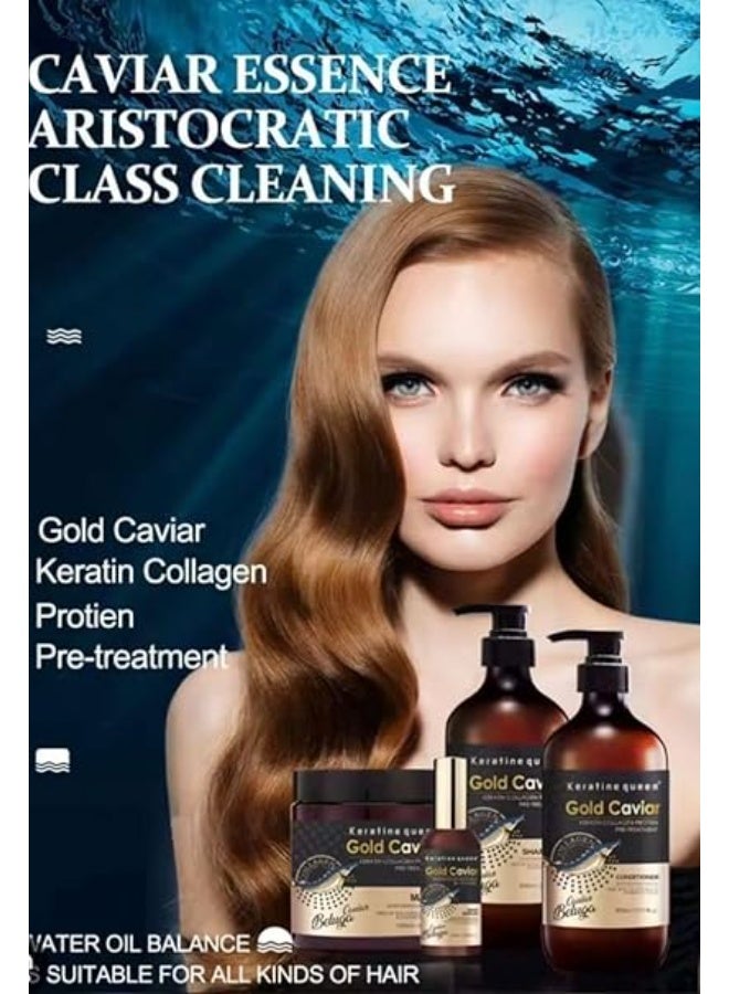 Keratine Queen Gold Caviar Hair Care Set, Shampoo, Conditioner, Mask and Serum with Keratin Collagen, 4 Pieces - Image 5