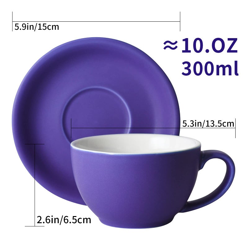 Yundu Ceramics Latte Cup and Saucer - 10 oz for Cappuccino,Tea,Cafe Mocha, Set of 4,Matte Mixed Color - Image 3