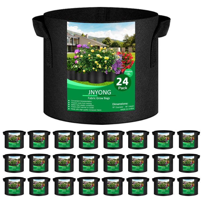 JNYONG 24-Pack 5 Gallon Thickened Non-Woven Grow Bags, Aeration Fabric Pots with Handles - Image 1