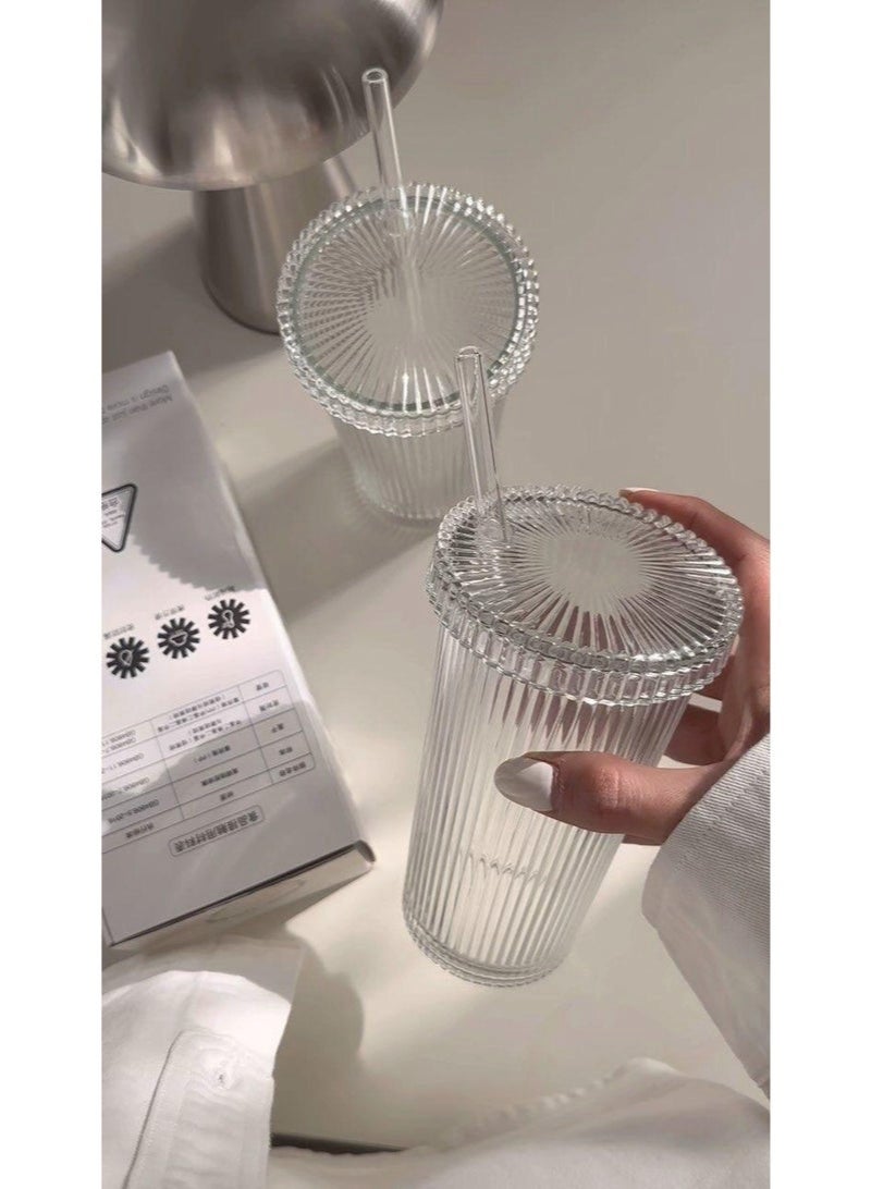 جولدن أروز كوب زجاجي شفاف مع ماصة وغطاء، اكواب زجاجية مضلعة، اكواب شرب امنة للاستخدام في غسالة الصحون، اكواب زجاجية انيقة للقهوة والعصير والشاي والماتشا - Image 3