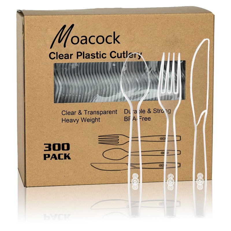 MOACOCK 300 Count Clear Plastic Silverware Heavy Weight Plastic Forks Spoons Knives Disposable Utensils Cutlery Set for Wedding Party Supplies Everyday Use
