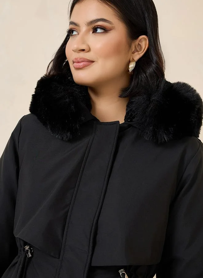 ستايلي Oversized Faux Fur Hooded Knee Length Parka