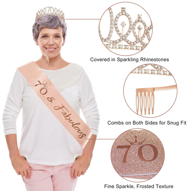 Uiorgui 70th Birthday Decorations for Women: 33pcs Kit with Crown, Sash, Banner, Backdrop, Balloons, Swirls & Fans in Rose Gold & Black - Image 4