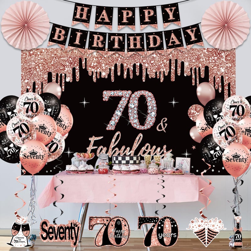 Uiorgui 70th Birthday Decorations for Women: 33pcs Kit with Crown, Sash, Banner, Backdrop, Balloons, Swirls & Fans in Rose Gold & Black - Image 5