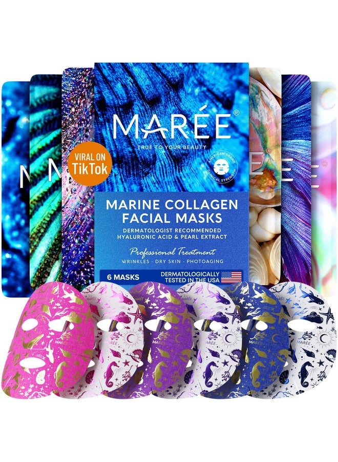 MAREE Facial Masks With Marine Collagen & Hyaluronic Acid Sheet Moisturizing Masks For Face With Green & Red Algae Extract For All Skin Types Hydrating Skin Care Mask With Pearl Extract 6 Pack - Image 1