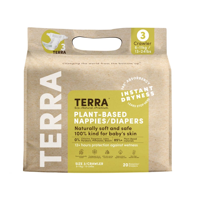 Terra Size 3 Diapers: 85% Plant-Based, Ultra-Soft & Chemical-Free for Sensitive Skin, High Absorbency for 13-24 lb Babies, 20 Count - Image 1