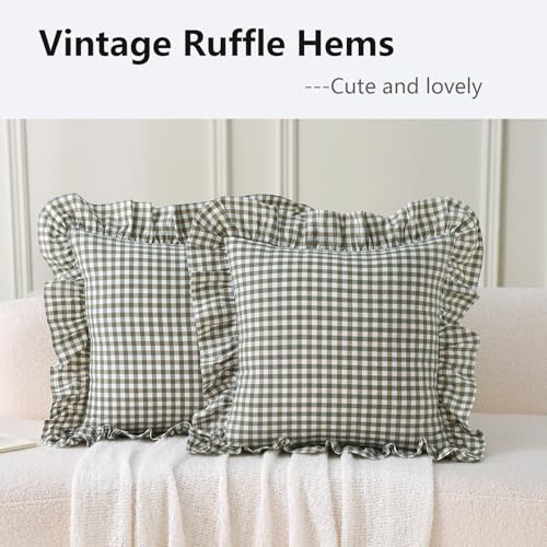 Aryeleay 2 Pack Sage Green White and Brown Plaid Gingham Ruffle Pillow Shams, 100% Washed Cotton Checkered Farmhouse Pillow Covers for Bed/Sofa-20 x20 - Image 3