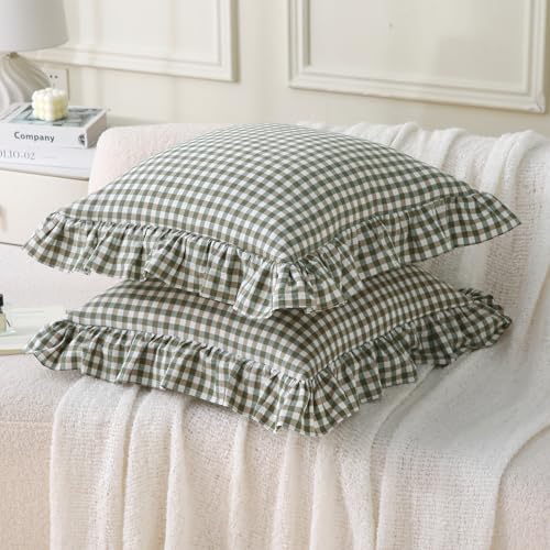 Aryeleay 2 Pack Sage Green White and Brown Plaid Gingham Ruffle Pillow Shams, 100% Washed Cotton Checkered Farmhouse Pillow Covers for Bed/Sofa-20 x20 - Image 2
