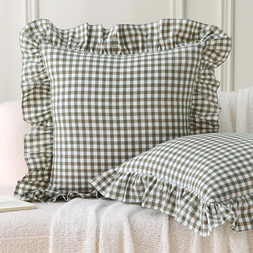 Aryeleay 2 Pack Sage Green White and Brown Plaid Gingham Ruffle Pillow Shams, 100% Washed Cotton Checkered Farmhouse Pillow Covers for Bed/Sofa-20 x20 - Image 1