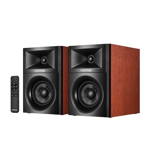 Sanyun SW205 4" 80W HiFi Bookshelf Speakers, 2.0 Active Near Field Studio Monitor, Upgraded 3D Sound Field, Flagship DAC & DSP, Geometric Diffusion Cabinet, Bluetooth 5.4/Optical/AUX, Woodgrain - Image 1