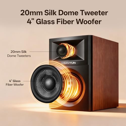 Sanyun SW205 4" 80W HiFi Bookshelf Speakers, 2.0 Active Near Field Studio Monitor, Upgraded 3D Sound Field, Flagship DAC & DSP, Geometric Diffusion Cabinet, Bluetooth 5.4/Optical/AUX, Woodgrain - Image 4