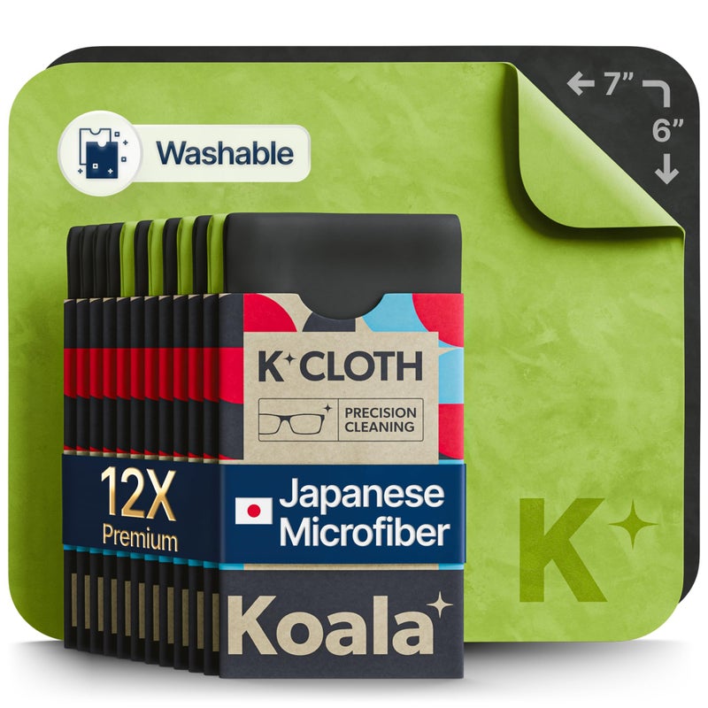 Koala Lifestyle Koala Lens Cleaning Cloth | Japanese Microfiber | Glasses Cleaning Cloths | Eyeglass Lens Cleaner | Eyeglasses, Camera, VR/AR Headset, and Screen Cleaner | Black & Green (Pack of 12)  - Image 1