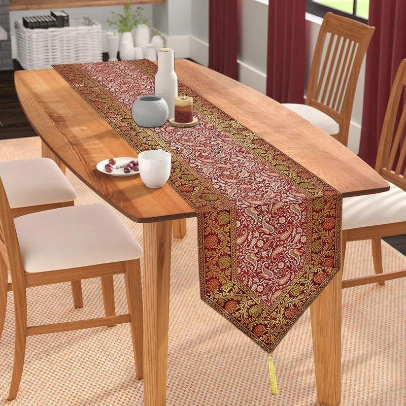 EEZRA Silk Table Runner for Living Room 4 to 6 Seater Dinning Table Runner with End Tassels V Shape Runner Table Cloth 80 by 14 Inch Maroon