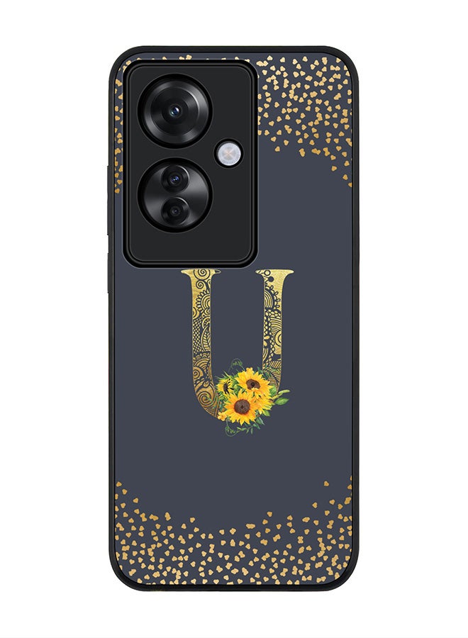 Stylizedd Rugged Black edge case for Oppo Reno11 F / Oppo F25 Pro 5G, Slim fit Soft Cover - Custom Monogram Initial Letter Floral Pattern Alphabet - U (Grey) - Image 1