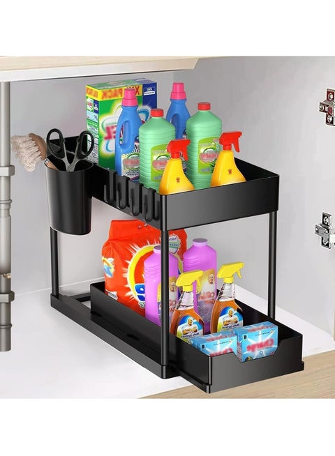 Under Sink Organizer 1 Pack: Pull-out and sliding drawer for storing things under the sink, versatile 2-tier kitchen under sink organizer and bathroom countertop under-shelf storage rack organizer and laundry supplies.