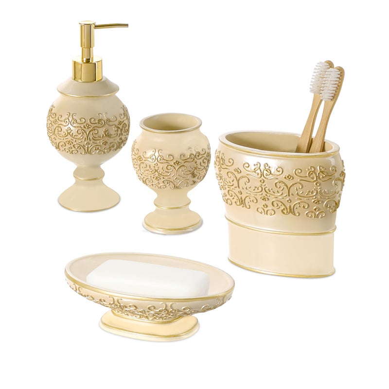 Creative Scents Shannon Beige Bathroom Accessories Set 4Piece Bathroom Set  Decorative Bathroom Accessory Set Features Soap Dispenser Toothbrush Holder Tumbler and Soap Dish Gift Packaged