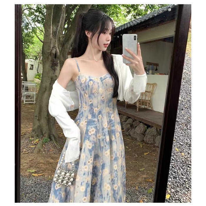 French Blue Floral Maxi Dress Spring Summer [single coat] * 48