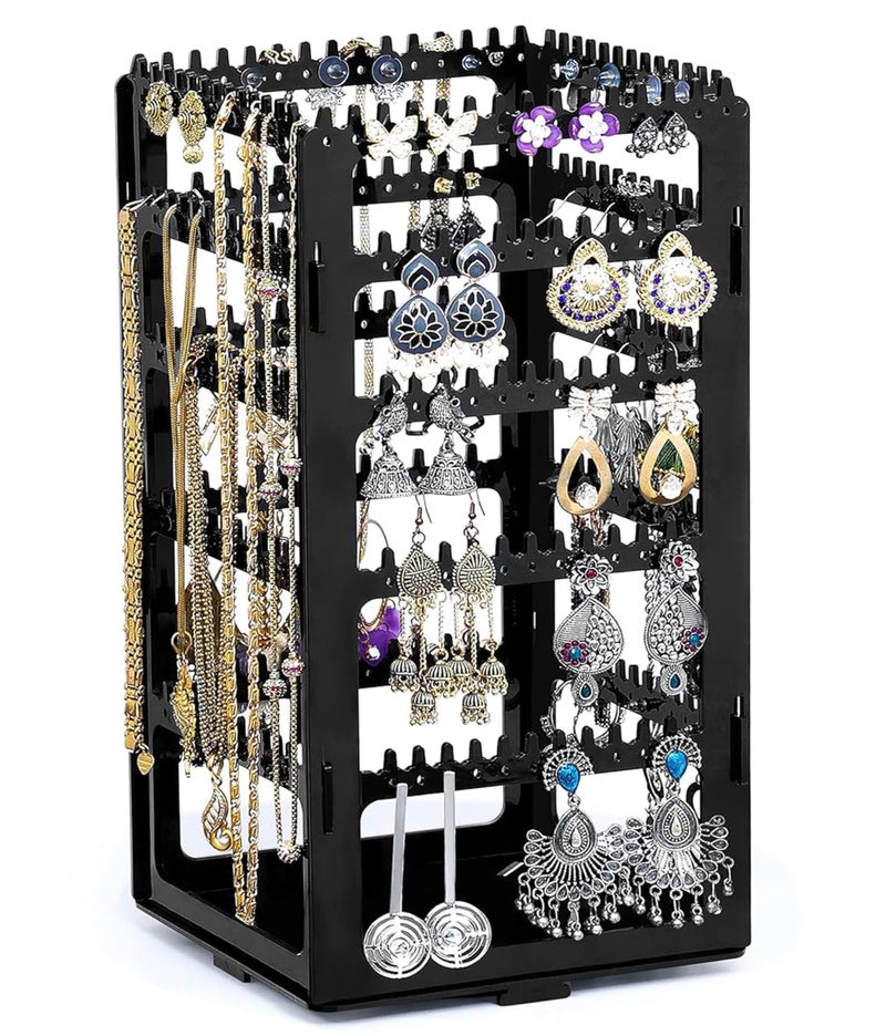 atorakushon Acrylic Jhumka Earrings Stand Jewellery Display Organiser With 212 Grooves 216 Holes For Women Jewelry Hanging Studs Necklaces Chains Bracelets Storage Holder (Black) - Image 1