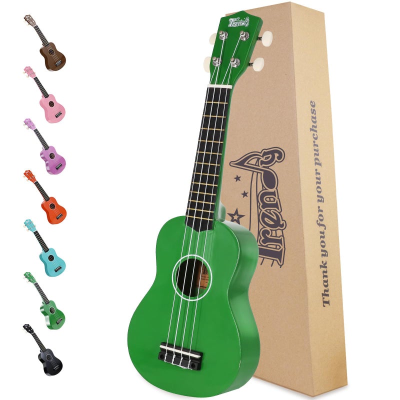 Trendy Soprano Christmas Ukulele for Beginners 21 Inch Hawaiian Wood Ukelele for Adult Student Starter (Green) - Image 1