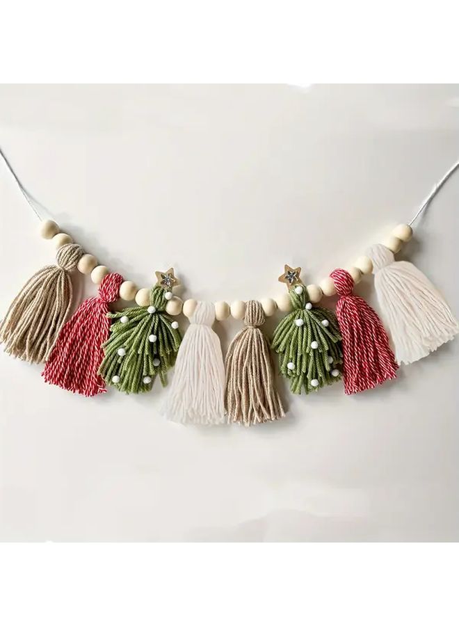 Christmas Tassel Garland Decoration In Red Green Khaki With Wooden Beads For Holiday Room Party Decor - Image 1