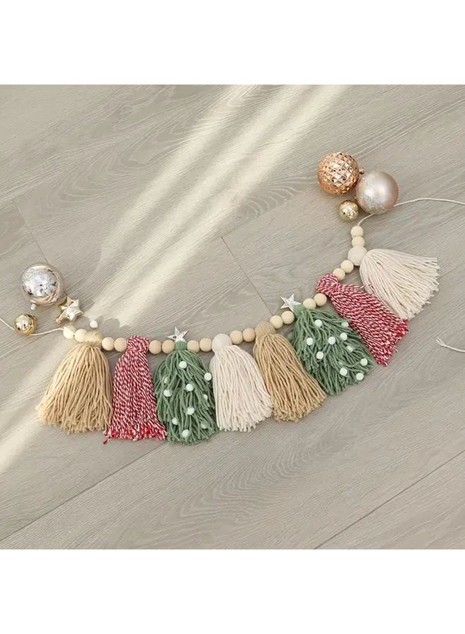 Christmas Tassel Garland Decoration In Red Green Khaki With Wooden Beads For Holiday Room Party Decor - Image 2