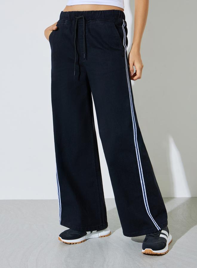 Styli Black Wide Leg Denim Jogger with Side Taping Detail - Image 3