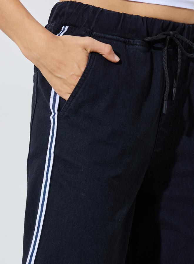 Styli Black Wide Leg Denim Jogger with Side Taping Detail - Image 4