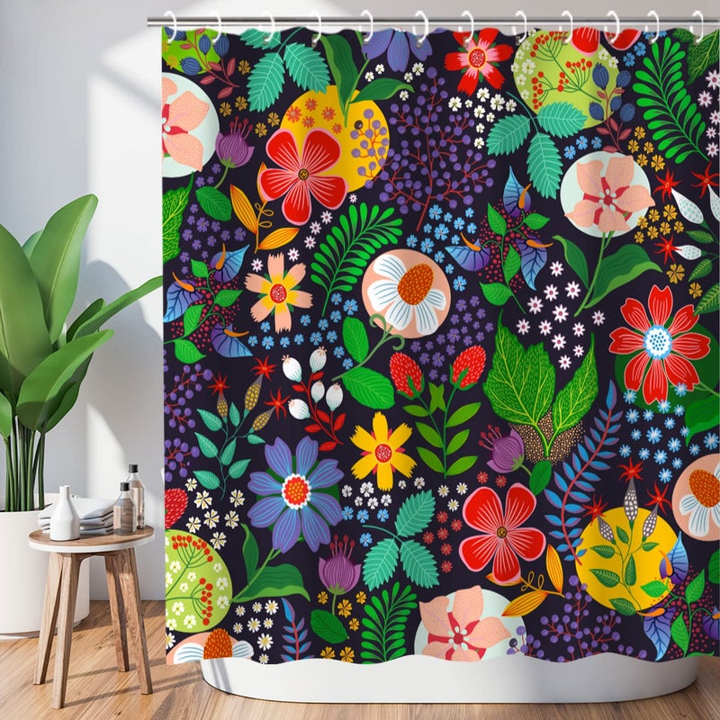 LIVILAN Floral Shower Curtain Boho Black Dark Unique Bohemian Style for Bathroom with 12 Hooks 72x72