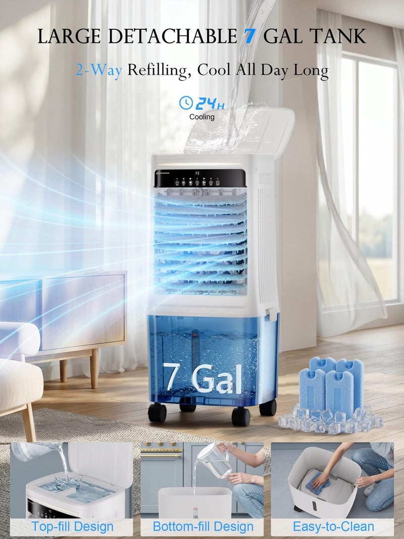 Uthfy 2200CFM Swamp Cooler Air Conditioner, Evaporative Cooler with Dual Water Tanks for 24H Cooling, 120° Oscillating, Ambient Light, 7 GAL Detachable Water Tank, 12H Timer, Portable AC for Bedroom - Image 3