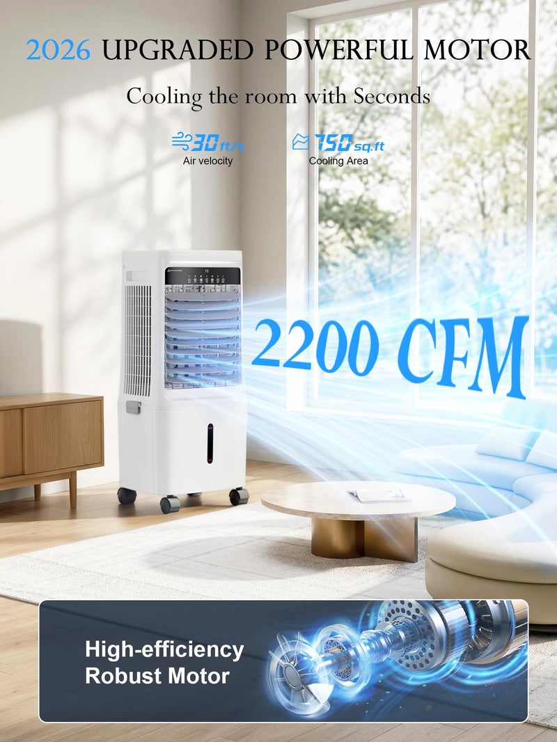 Uthfy 2200CFM Swamp Cooler Air Conditioner, Evaporative Cooler with Dual Water Tanks for 24H Cooling, 120° Oscillating, Ambient Light, 7 GAL Detachable Water Tank, 12H Timer, Portable AC for Bedroom - Image 2