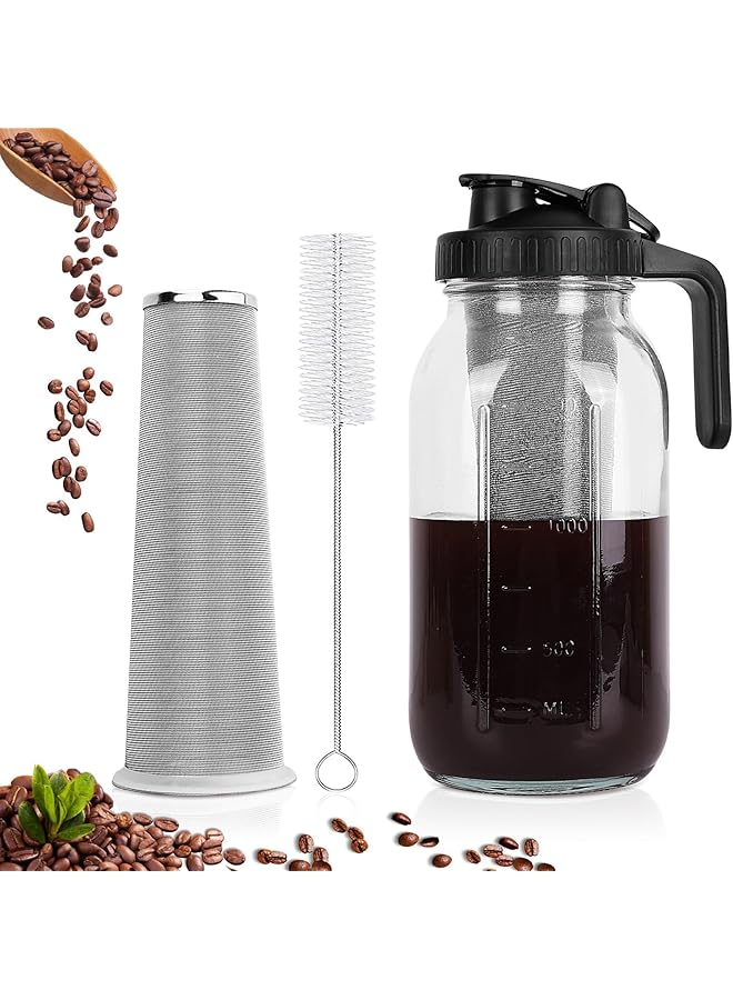 إيروريكس ماكينة تحضير القهوة الباردة بسعة 64 أونصة مع إبريق واسع الفم مع فلتر من الفولاذ المقاوم للصدأ وغطاء ومقبض وغطاء زجاجي متين محكم الغلق ومضاد للتسرب للقهوة المثلجة والشاي والليمون - Image 1