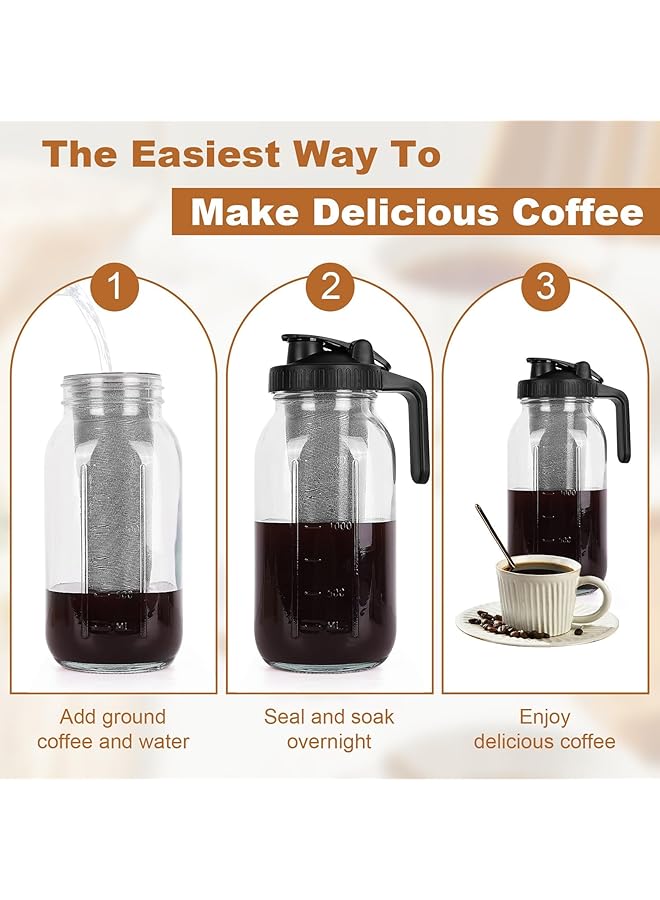 إيروريكس ماكينة تحضير القهوة الباردة بسعة 64 أونصة مع إبريق واسع الفم مع فلتر من الفولاذ المقاوم للصدأ وغطاء ومقبض وغطاء زجاجي متين محكم الغلق ومضاد للتسرب للقهوة المثلجة والشاي والليمون - Image 4