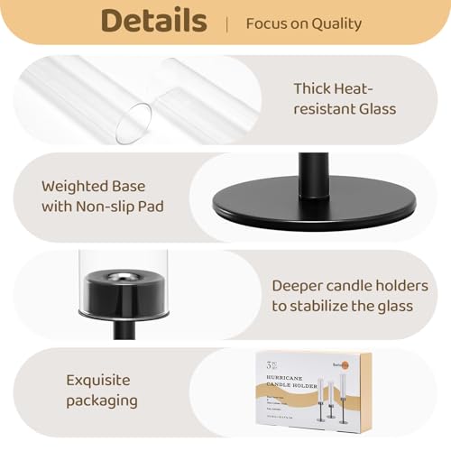 Batoslee Black Hurricane Glass Candle Holders Set of 3, Tall Metal Taper Candle Stick Holder, Clear Candlestick Holders, Table Centerpieces Decor for Dining Dinner, Weddings, Christmas Fireplace Decorations - Image 3