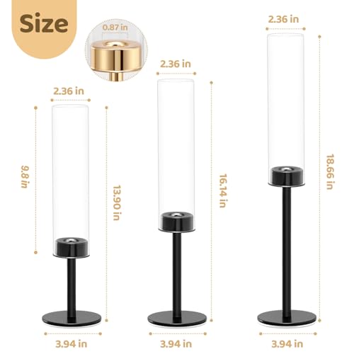 Batoslee Black Hurricane Glass Candle Holders Set of 3, Tall Metal Taper Candle Stick Holder, Clear Candlestick Holders, Table Centerpieces Decor for Dining Dinner, Weddings, Christmas Fireplace Decorations - Image 2