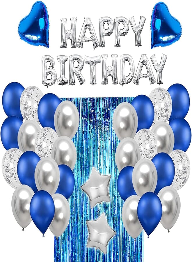Secret Happy Birthday Balloon and Banner Blue Tinsel Curtains - Silver
