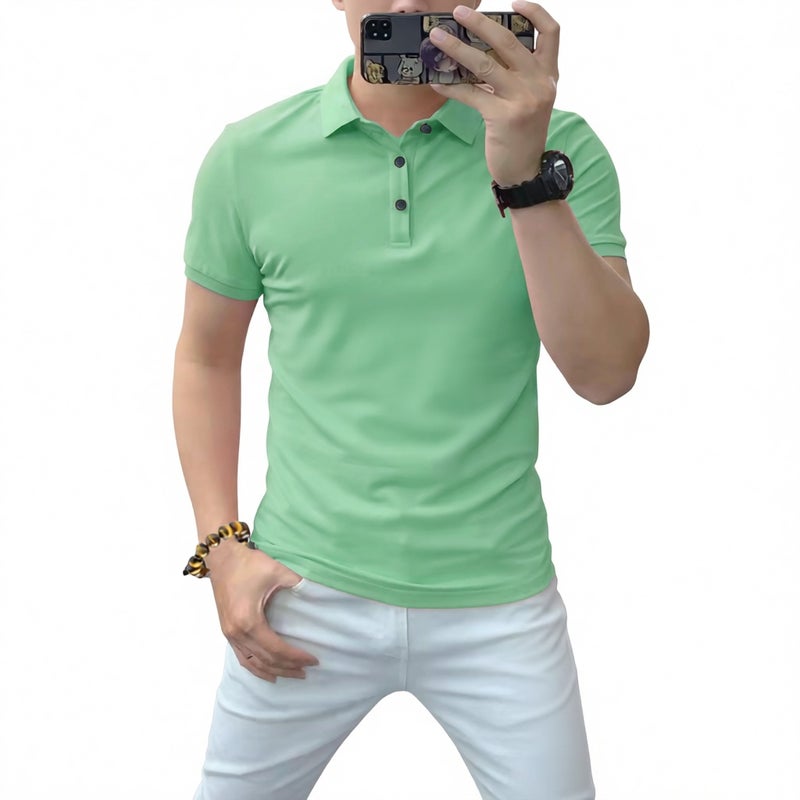 Men's Short Sleeve Polo Shirt with Rhinestone Letters Slim Fit Business Turned Collar Thin Ice Silk Cotton Pique Mesh - Image 1