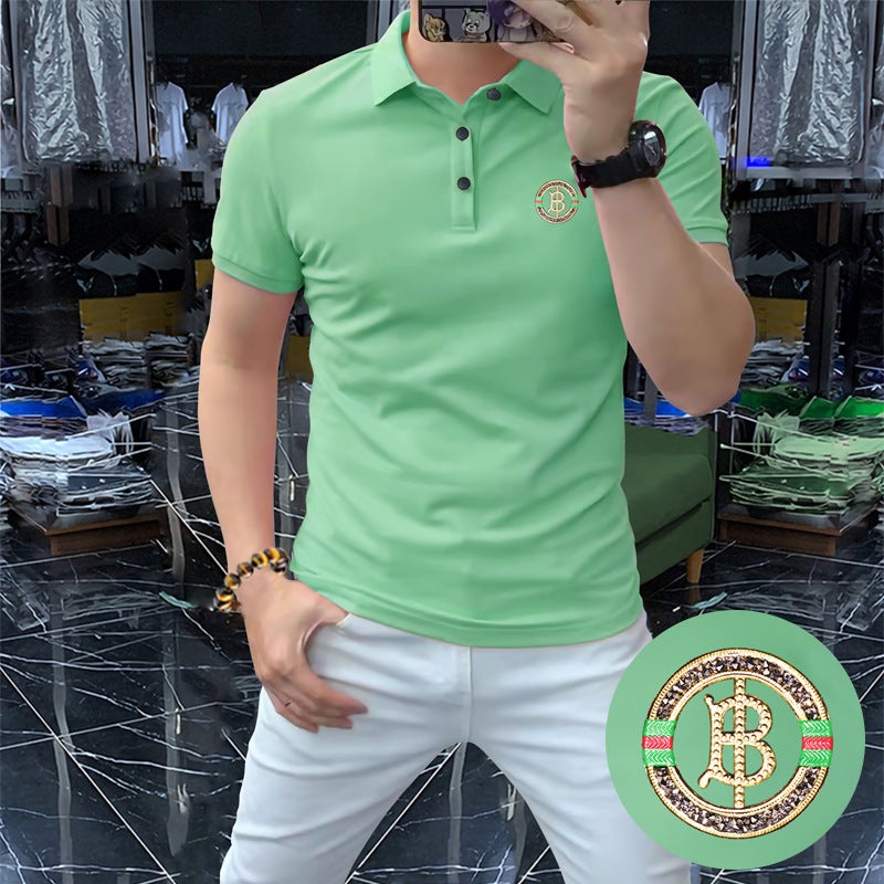 Men's Short Sleeve Polo Shirt with Rhinestone Letters Slim Fit Business Turned Collar Thin Ice Silk Cotton Pique Mesh - Image 2