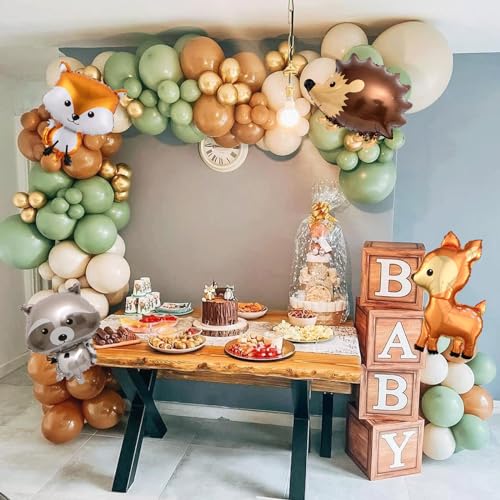 DUBEDAT Woodland Animal Balloons Garland Arch138Pcs Sage Green Brown Sand White Balloons for Baby Shower Kids Woodland Animals Theme Birthday Party Supplies Decorations - Image 1