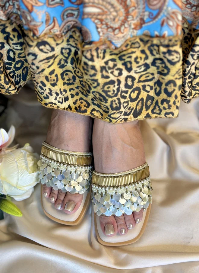 Sandal Stories SANDAL STORIES Embellished PU Party Flatform Sandals in Beige and Gold