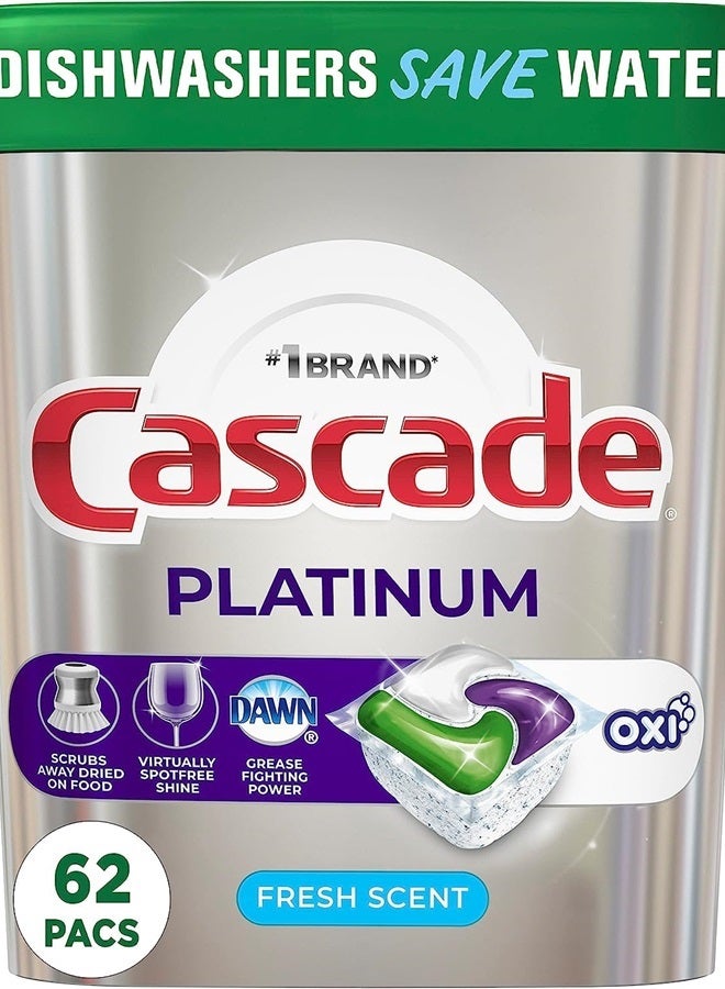 Cascade Platinum Dishwasher Soap Pods, Actionpacs + Oxi with Dishwasher Cleaner and Deodorizer Action, Fresh, 62 Count of Dish Detergent Pods  - Image 1