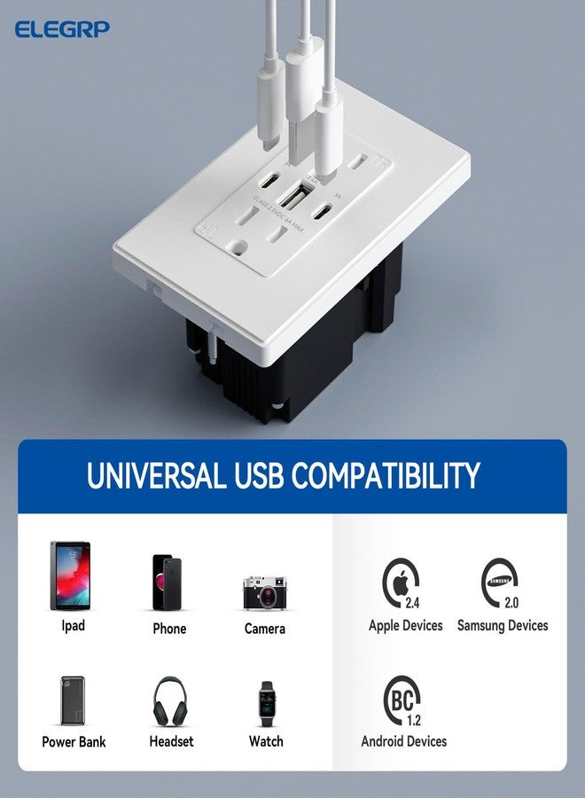 ELEGRP USB Outlets, 30W 6.0 Amp USB C Outlets Receptacles, 3-Port USB Wall Outlet, 15 Amp Tamper-Resistant Outlet with 2 USB C Ports, UL Listed, Screwless Wall Plate Included, 2 Pack, Matte White - Image 5