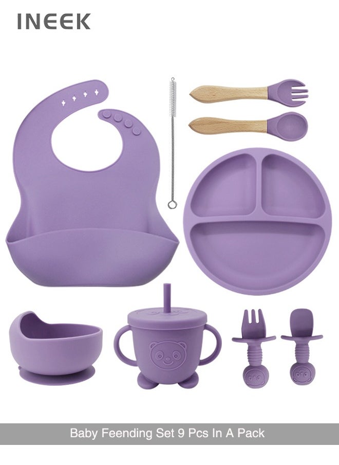 iNeek 9 Piece  Baby Led Weaning Supplies Silicone Feeding Set  Baby Toddler Bib Cup Divided Plate and Bowl Self Feeding Spoons Dish Set  Baby Utensils |Toddler Feeding Supplies  - Image 1