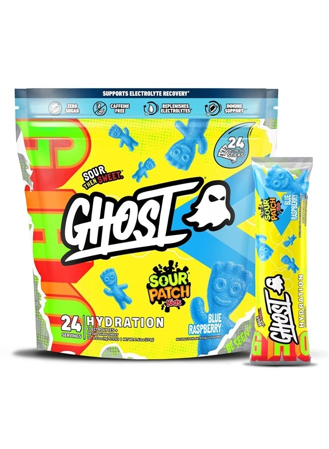 Ghost عبوات الترطيب، Sour Patch Kids Blue Raspberry، 24 عودًا، مسحوق إلكتروليت - مكمل غذائي مخلوط بالماغنيسيوم والبوتاسيوم والكالسيوم وفيتامين سي - نباتي وخالي من الصويا والسكر والغلوتين - Image 1