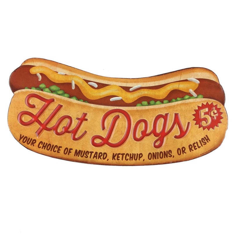 Open Road Brands Hot Dogs Embossed Metal Sign  Vintage Diner Hot Dog Sign for Kitchen or Man Cave - Image 1