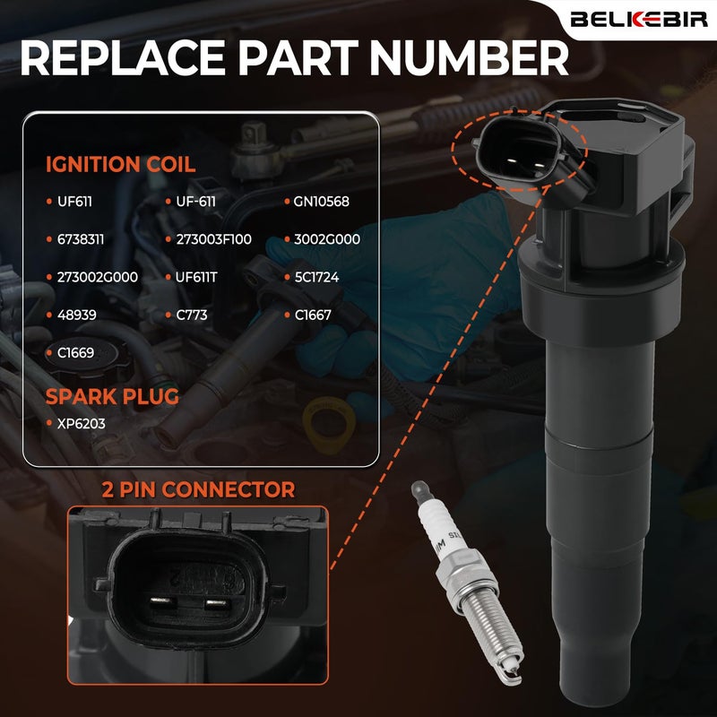 BELKEBIR Set of 4 Ignition Coil Pack & Iridium Spark Plugs Compatible with 2.0L 2.4L 2008-2014 Hyundai Sonata Santa Tucson Genesis Coupe, 2008-2015 Kia Optima Forte Sorento Sportage Replace UF611 & XP6203 - Image 3